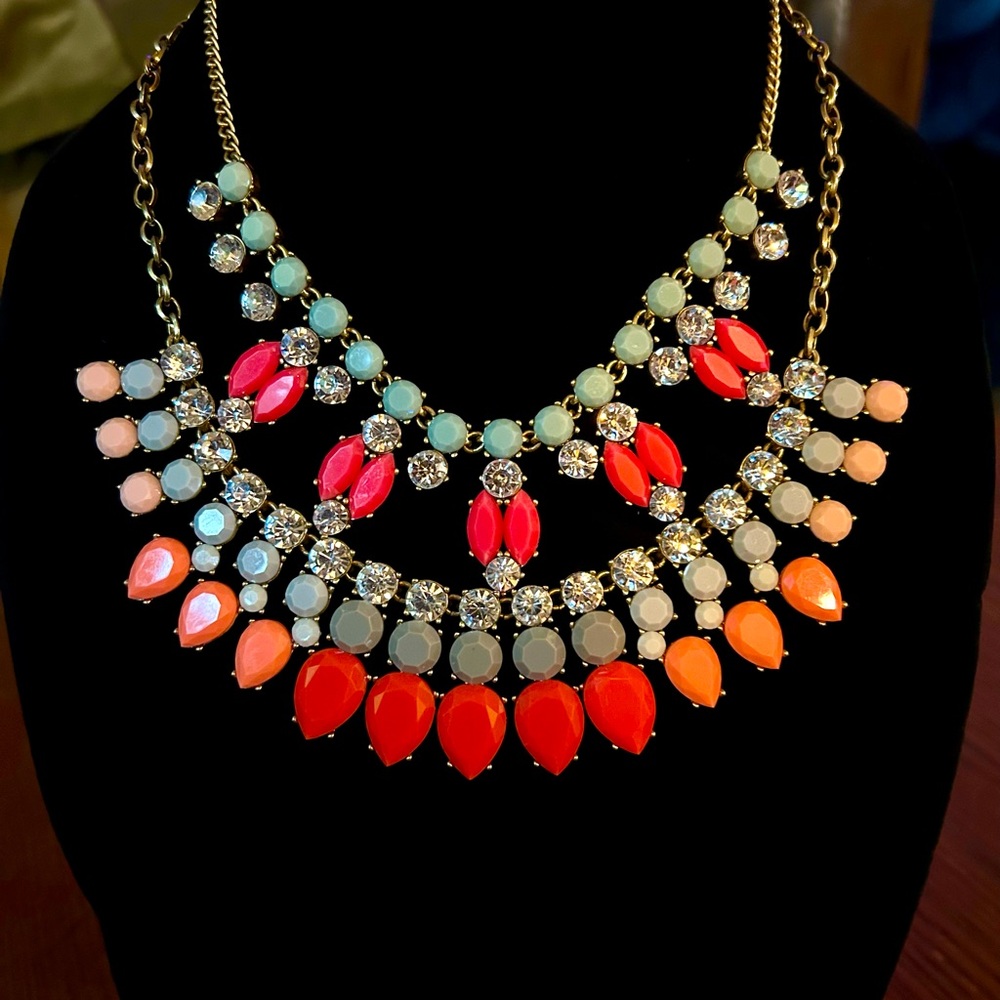 Bundle/lot 2 J. Crew statement necklaces lucite & crystal neon pink/orange/gray